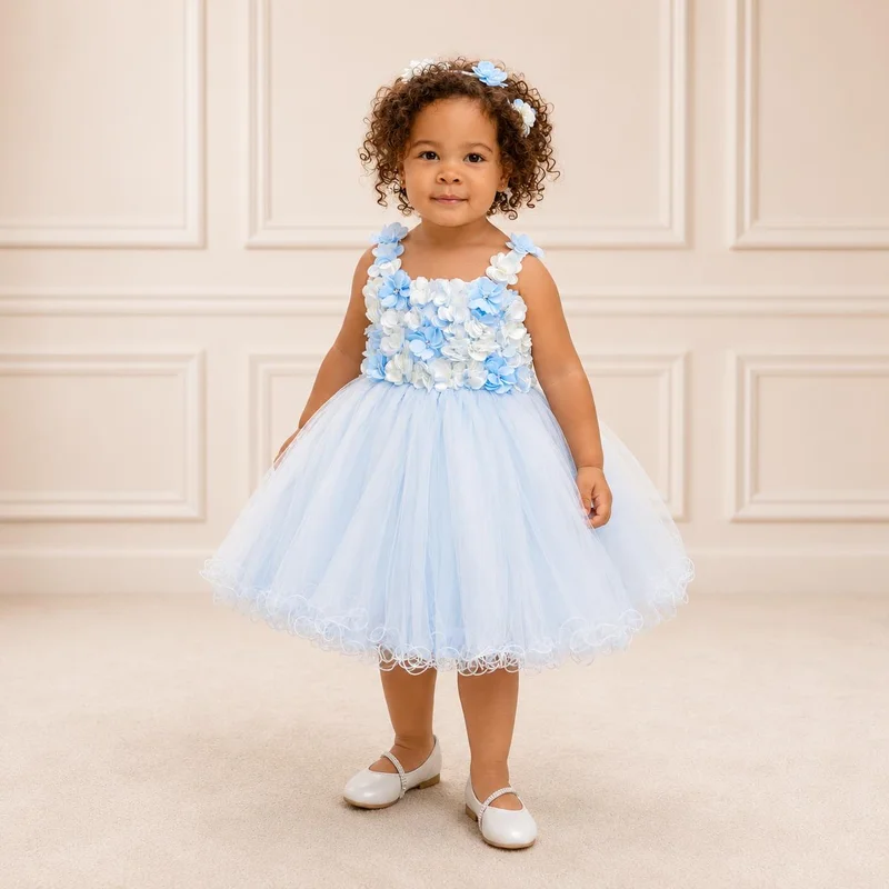 Via Bambino Ice Blue 3D Floral Tulle Dress 4683