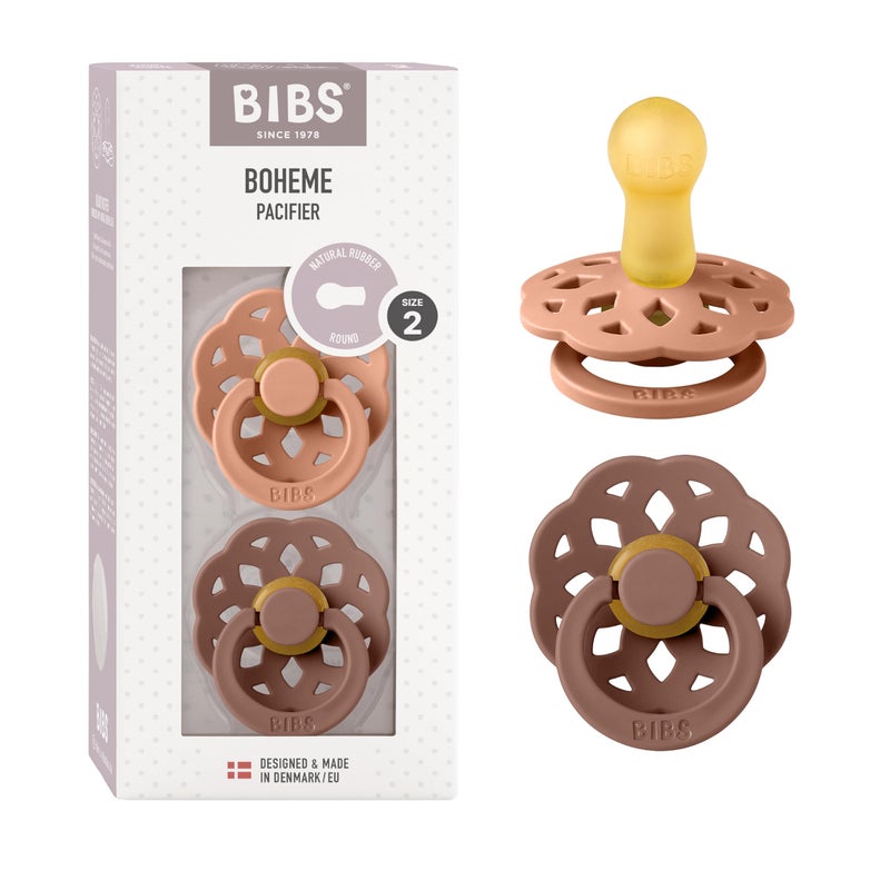 BIBS Pacifiers - Boheme Collection | BPA-Free Round Nipple | Nautral Rubber Latex | Made in Denmark | Set of 2 Peach/Woodchuck Color Premium Soothers | Size 6-18 Months - Image 1