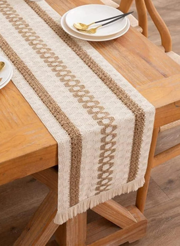 RARELY مفرش طاولة من الكتان الريفي مطرز طويل مع شرابات يدوية للحفلات - Image 1