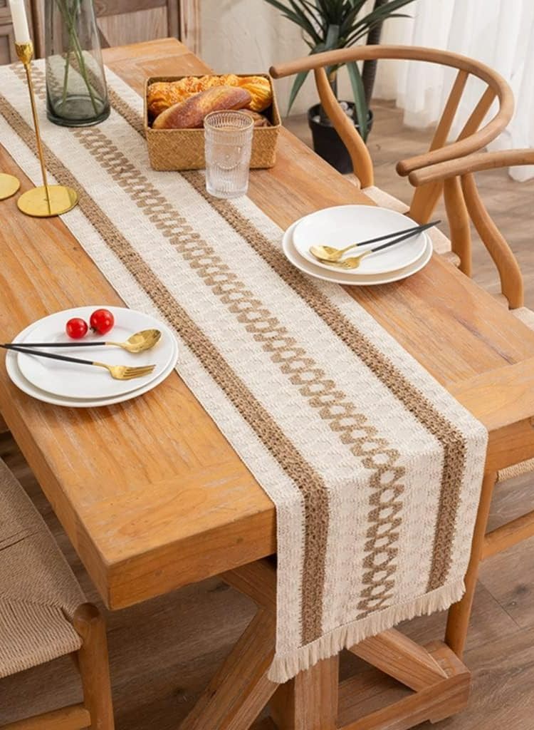 RARELY مفرش طاولة من الكتان الريفي مطرز طويل مع شرابات يدوية للحفلات - Image 2