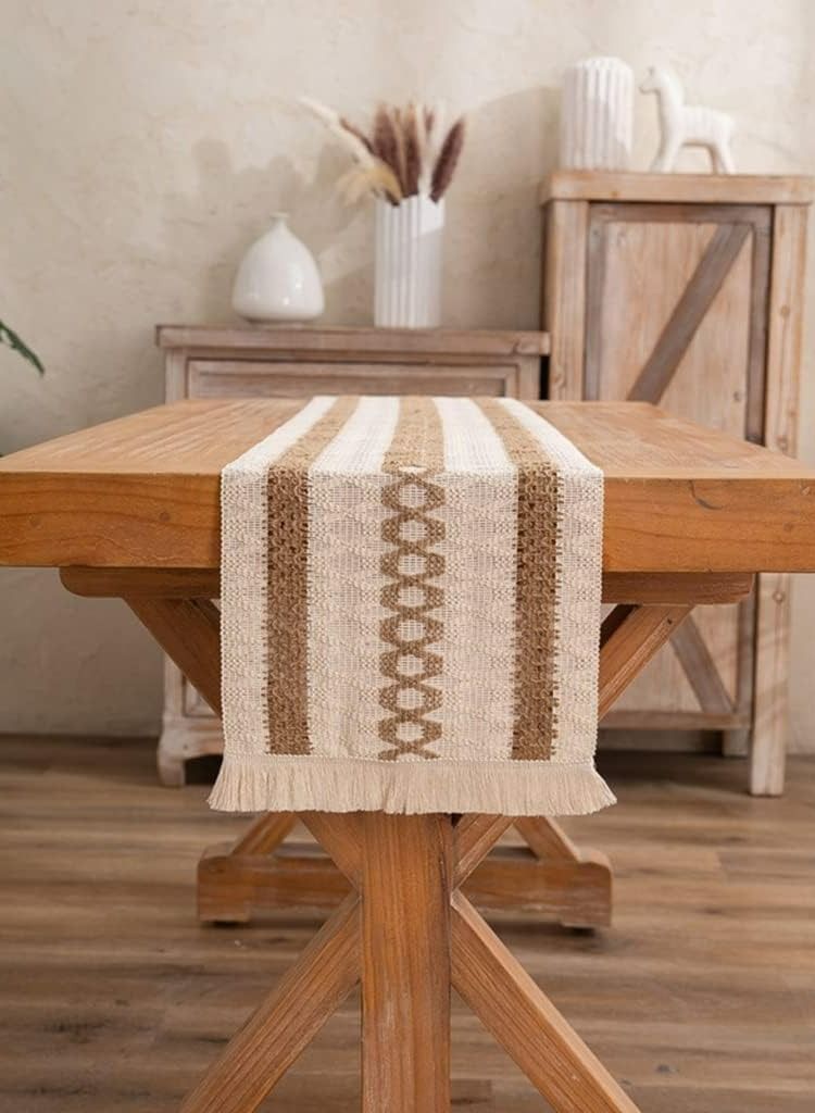 RARELY مفرش طاولة من الكتان الريفي مطرز طويل مع شرابات يدوية للحفلات - Image 5