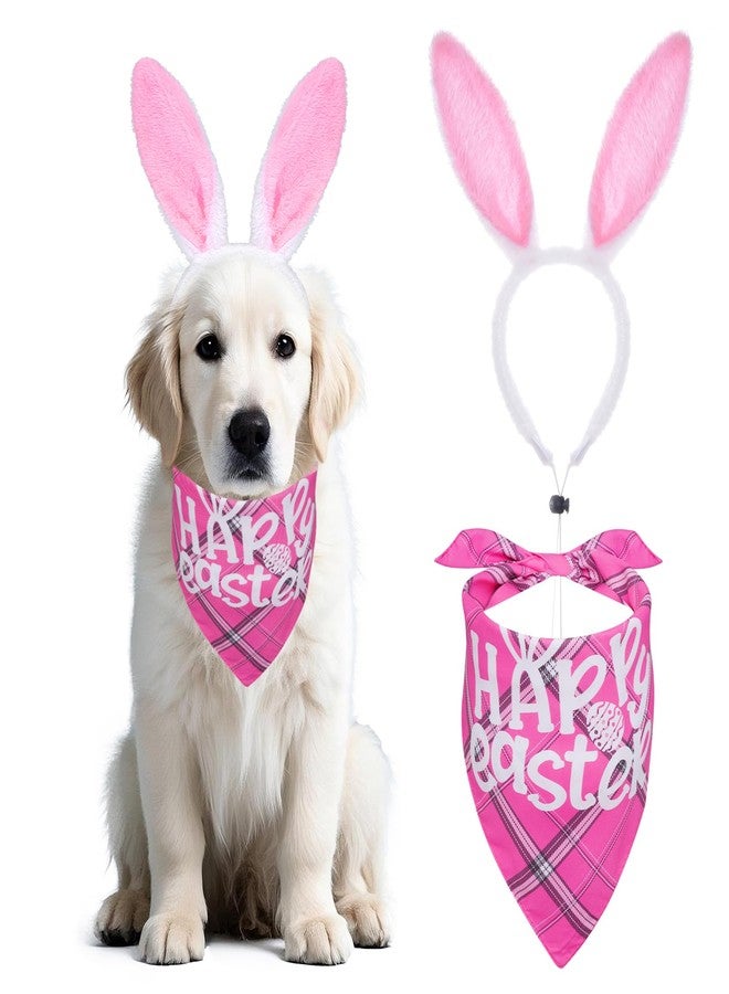cnomg Easter Dog Bunny Costumes Bunny Ears Headband Buffalo Plaid Bandana for Small Medium Large Dogs (Pink Happy Easter) - Image 1