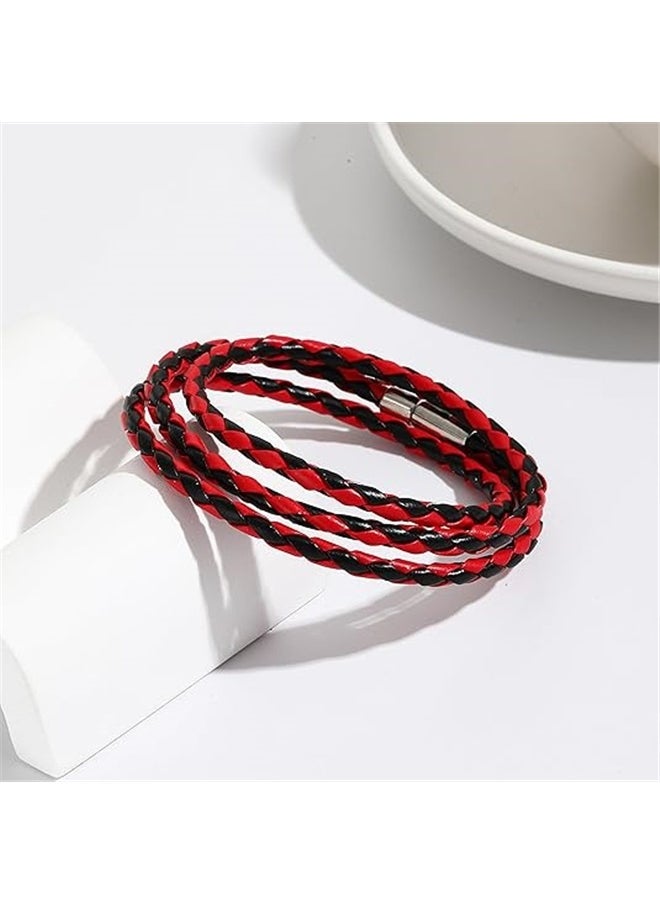 yongsheng Fashion Buckle Multilayer Leather Wrap Cuff Bracelet,Weaving Bracelet，Black Red,  Bracelets for Women Wrap Cuff Stackable Bracelets Strand Braided Bracelet  - Image 2