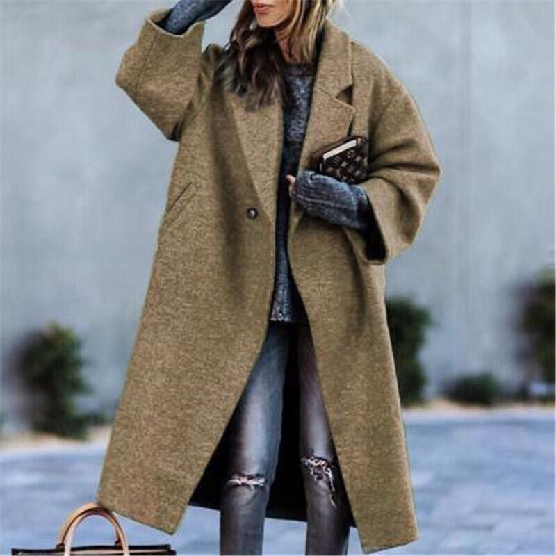 2025 New Autumn and Winter European and American Cross-Border Womens Clothing Amazon Casual Long Pure Color Warm Woolen Jacket Coat Khaki 