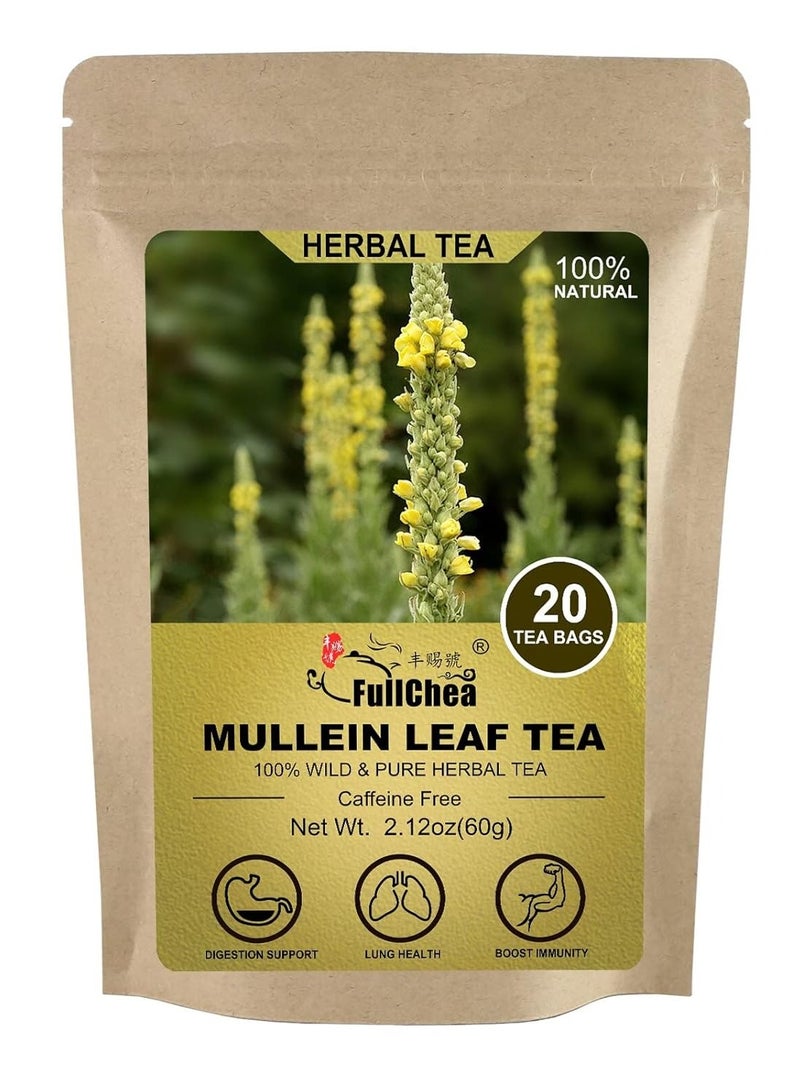 FullChea FullChea - Mullein Leaf Tea Bags, 20 Teabags, 3g/bag For Lungs - Non-GMO - Caffeine-free - Natural Healthy Herbal Tea For Detox & Respiratory Support - Image 1