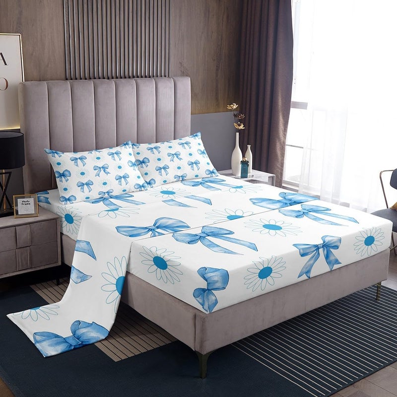 Erosebridal Kids Kawaii Bowknot Sheet Set Twin Size, Delicate Blue Bow Bed Sheets Set Boys Girls Dreamy Sunflower Decorations Flat Fitted Sheet Cute Butterfly Knot Sheets Bedroom Decor 3Pcs - Image 1