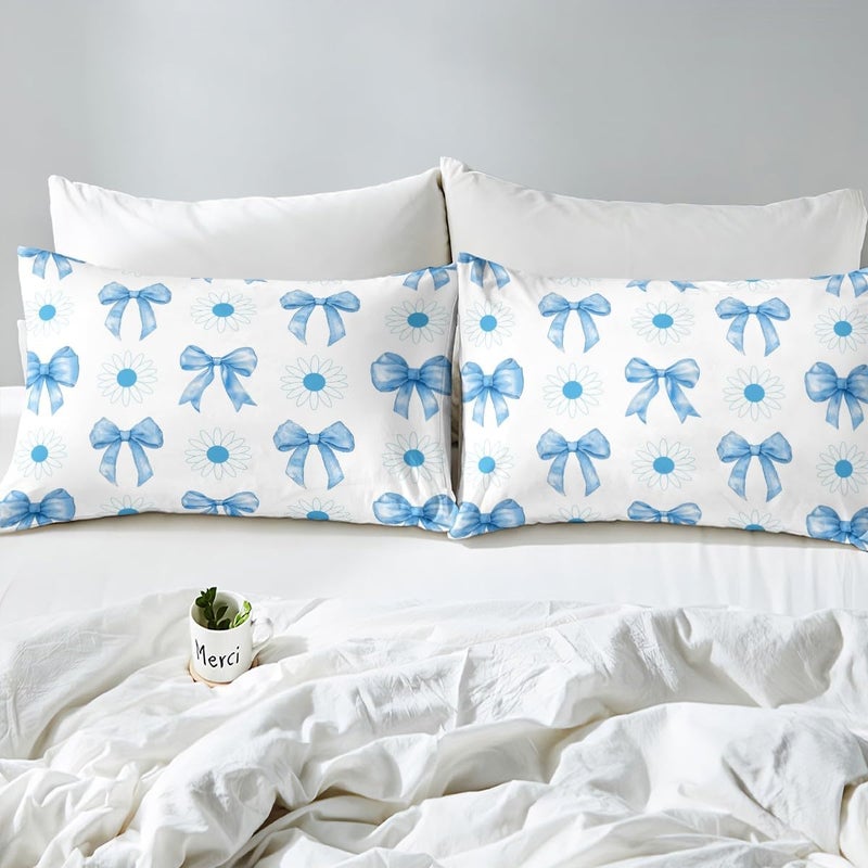 Erosebridal Kids Kawaii Bowknot Sheet Set Twin Size, Delicate Blue Bow Bed Sheets Set Boys Girls Dreamy Sunflower Decorations Flat Fitted Sheet Cute Butterfly Knot Sheets Bedroom Decor 3Pcs - Image 4