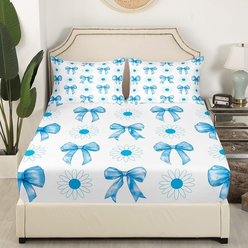 Erosebridal Kids Kawaii Bowknot Sheet Set Twin Size, Delicate Blue Bow Bed Sheets Set Boys Girls Dreamy Sunflower Decorations Flat Fitted Sheet Cute Butterfly Knot Sheets Bedroom Decor 3Pcs - Image 3