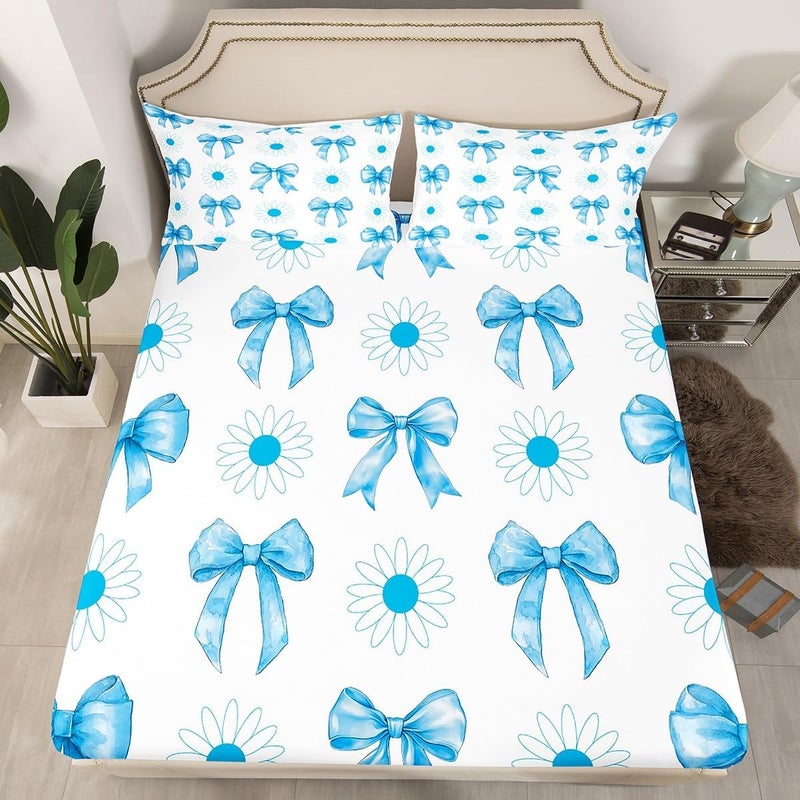 Erosebridal Kids Kawaii Bowknot Sheet Set Twin Size, Delicate Blue Bow Bed Sheets Set Boys Girls Dreamy Sunflower Decorations Flat Fitted Sheet Cute Butterfly Knot Sheets Bedroom Decor 3Pcs - Image 2