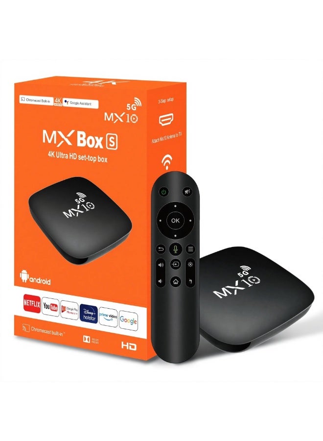 أندرويد جهاز MX10 Android TV Box S 4K Ultra HD مشغل وسائط متعددة مع مساعد Google وChromecast مدمج، HDR، صوت Dolby، وحدة معالجة مركزية رباعية النواة، واي فاي 5G، كابل HDMI، دعم تطبيقات الاشتراك، MX10