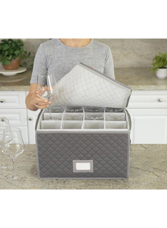 StackStorePlusMore Stemware Storage Case - Holds 12 Wine Glasses or Crystal Glassware with Label Holders and Fully Padded Inside - 16" x 13" x 10"H - Gray - Hard Sides and Stackable - Image 4