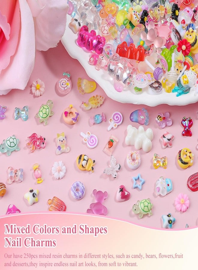 editTime 250pcs Kawaii 3D Candy Nail Charms Kit,Y2K Cartoon Gummy Bear Bees Fruit Pineapple Sweet Candy Lollipop Donut Ice Cream Cute Heart Star Bows Mixed Colors Jewelry Nail Embellishments for Nail Art Craft - Image 4