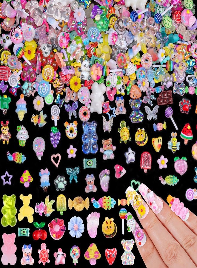 editTime 250pcs Kawaii 3D Candy Nail Charms Kit,Y2K Cartoon Gummy Bear Bees Fruit Pineapple Sweet Candy Lollipop Donut Ice Cream Cute Heart Star Bows Mixed Colors Jewelry Nail Embellishments for Nail Art Craft - Image 1