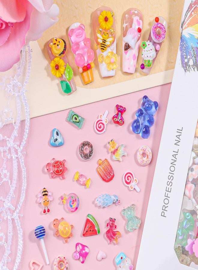 editTime 250pcs Kawaii 3D Candy Nail Charms Kit,Y2K Cartoon Gummy Bear Bees Fruit Pineapple Sweet Candy Lollipop Donut Ice Cream Cute Heart Star Bows Mixed Colors Jewelry Nail Embellishments for Nail Art Craft - Image 2
