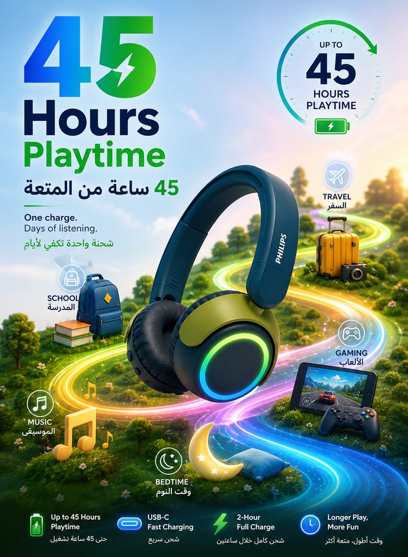 Philips TAK4200CT Kids Wireless On-Ear Headphones with Mic, 85dB safe Volume, 45H Playtime, Colorful LED Earcups, Bluetooth 5.4, Foldable & Durable, USB-C Charging Cable, Over-Ear Headset for Online Learning, School, Travel, Play (Chrystal Teal) Chrystal Teal - Image 2
