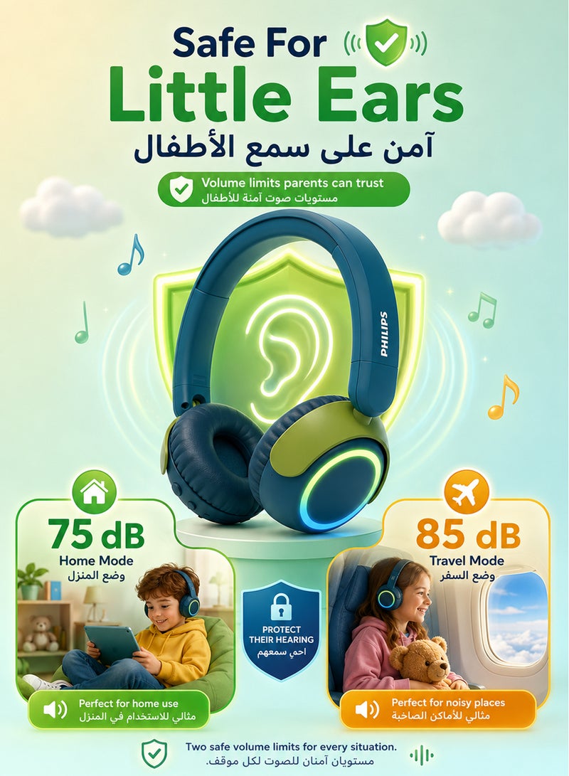 Philips TAK4200CT Kids Wireless On-Ear Headphones with Mic, 85dB safe Volume, 45H Playtime, Colorful LED Earcups, Bluetooth 5.4, Foldable & Durable, USB-C Charging Cable, Over-Ear Headset for Online Learning, School, Travel, Play (Chrystal Teal) Chrystal Teal - Image 3