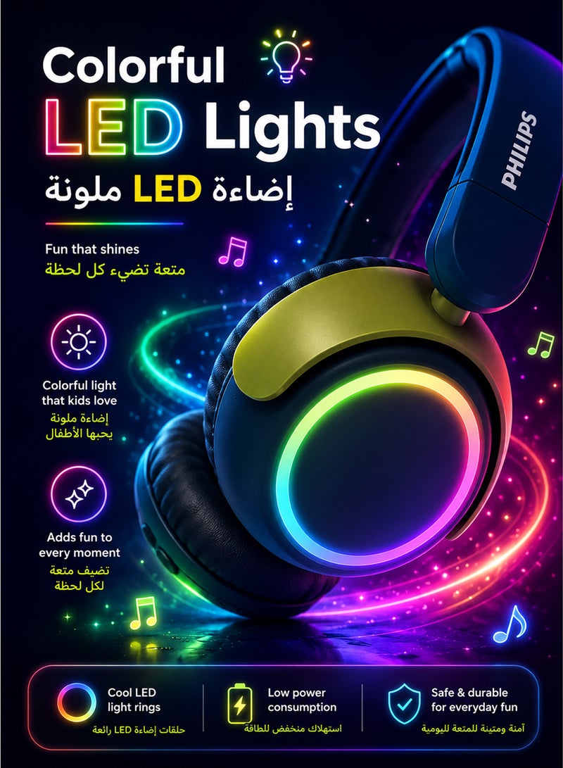 Philips TAK4200CT Kids Wireless On-Ear Headphones with Mic, 85dB safe Volume, 45H Playtime, Colorful LED Earcups, Bluetooth 5.4, Foldable & Durable, USB-C Charging Cable, Over-Ear Headset for Online Learning, School, Travel, Play (Chrystal Teal) Chrystal Teal - Image 4