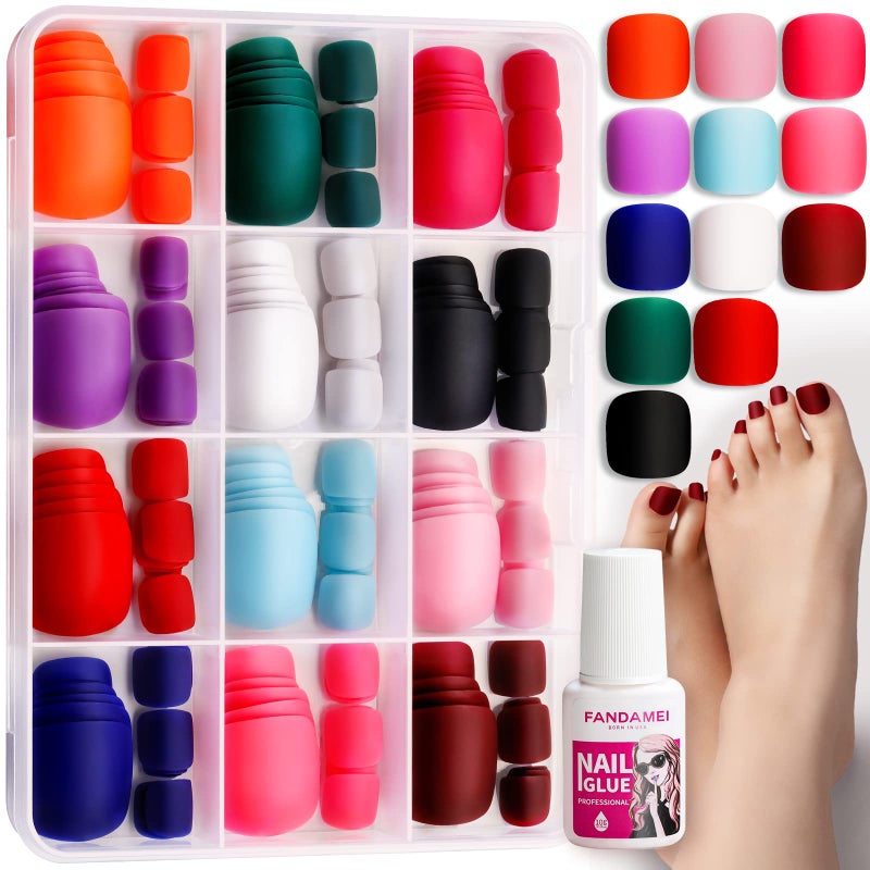FANDAMEI Press on Toe Nails 12 Packs 288PCS Press on Toenails Short Square Fake Toe Nails Full Cover Acrylic False Toes Nails 12 Color Matte Press on Toenails for Women Girls Nail Art DIY