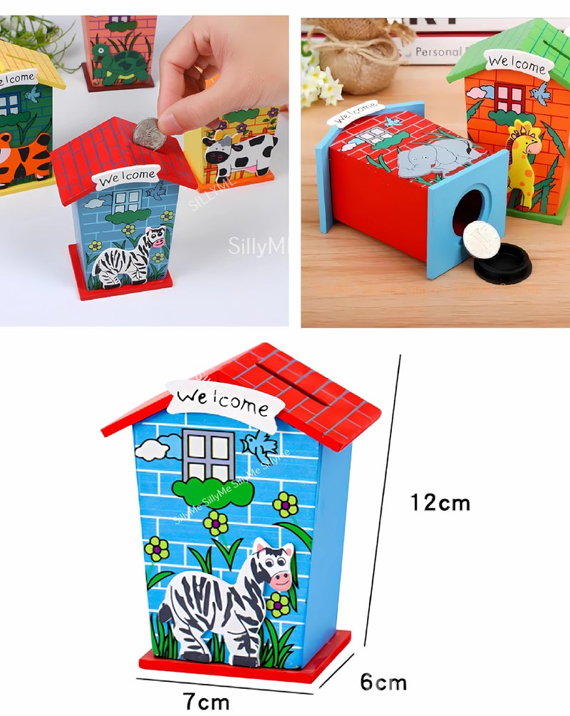 Sillyme 12pc Wooden Piggy Banks - Return Gifts Birthday Party for Kids, Colourful Animal Hut Shaped Coin Banks - Return Gift for Kids Birthday Age 6-10 6-12 - Image 4