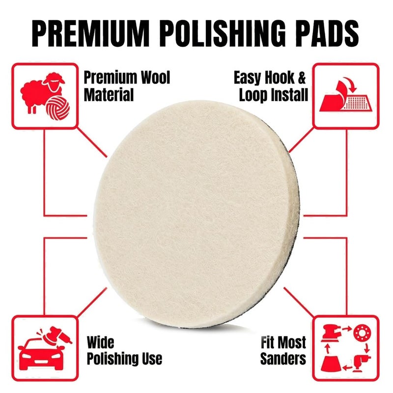 JUNLIXN 6" Wool Flet Polishing Pads, 5pcs Wool Felt Buffing Polishing Pads Flocking Hook & Loop Back for Random Orbital Sander Shock rubber edge - Image 3