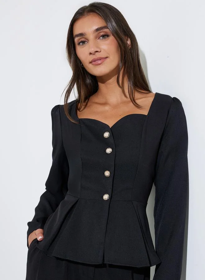 ستايلي Black Solid Pleated Detail Sweetheart Neck Peplum Top