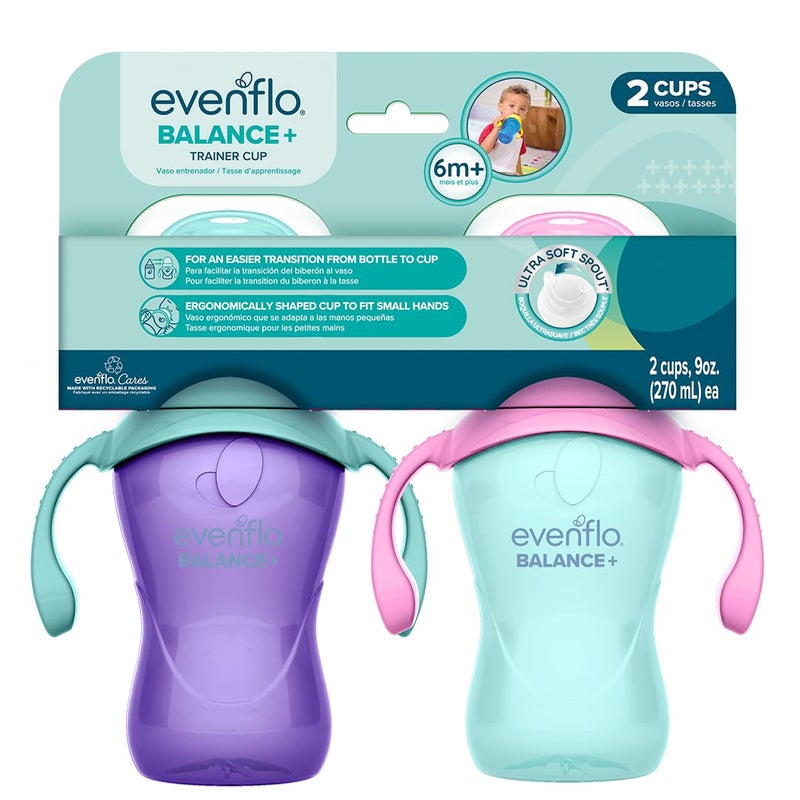 Evenflo Feeding Evenflo Balance+ Trainer Cups for Babies 6+ Months, Purple and Mint, Ergonomic Design with Handles, 9oz, 2 Pack - Image 1