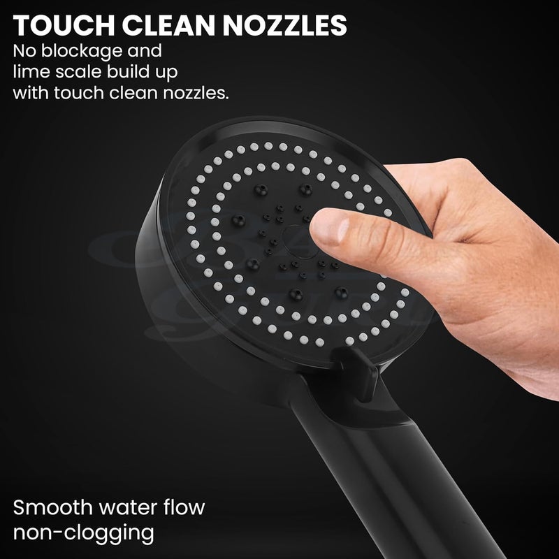 BATH GURU BGBHS001 ABS 9 Inch High Pressure Multi Function 5 Mode Spray Handheld Shower for Bathroom Black Round (With 1 Mtr Chrome Plated Shower Tube Hose Pipe) - Image 3