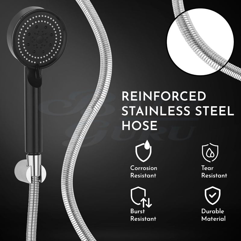 BATH GURU BGBHS001 ABS 9 Inch High Pressure Multi Function 5 Mode Spray Handheld Shower for Bathroom Black Round (With 1 Mtr Chrome Plated Shower Tube Hose Pipe) - Image 5
