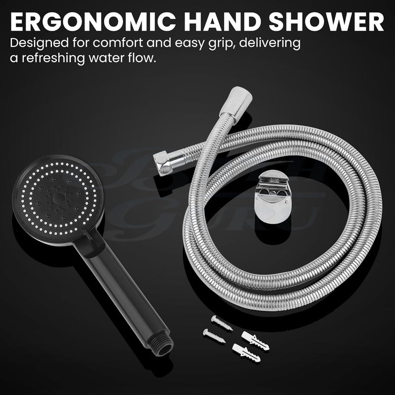 BATH GURU BGBHS001 ABS 9 Inch High Pressure Multi Function 5 Mode Spray Handheld Shower for Bathroom Black Round (With 1 Mtr Chrome Plated Shower Tube Hose Pipe) - Image 4