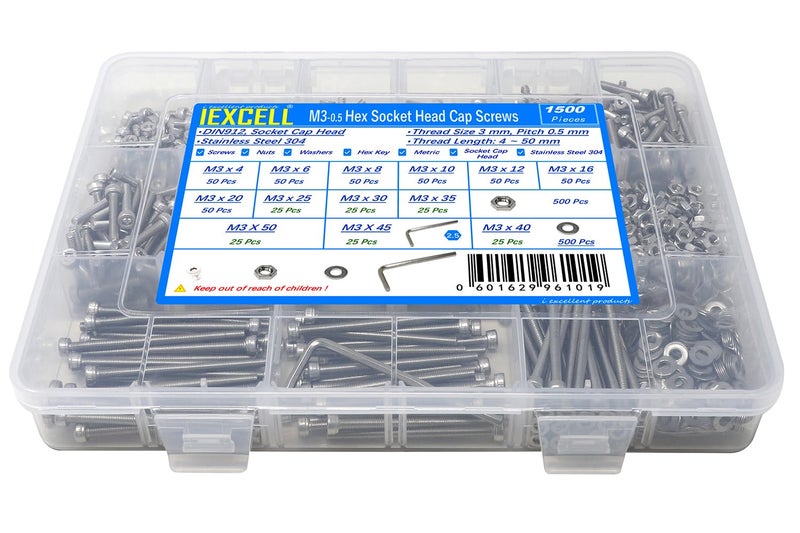 Iexcell 1500 Pcs M3 X 4/6/8/10/12/16/20/25/30/35/40/45/50 Stainless Steel 304 Hex Socket Head Cap Screws Blots Nuts Washers Assortment Kit - Image 1