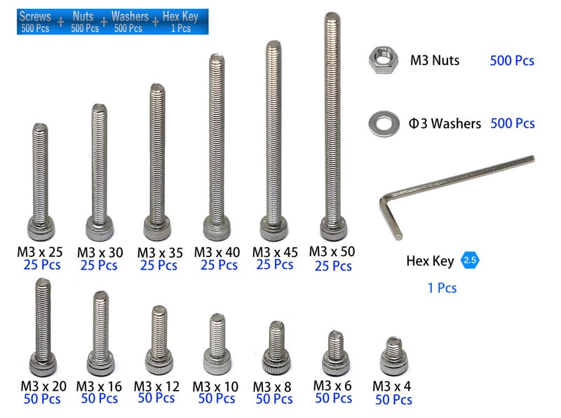 Iexcell 1500 Pcs M3 X 4/6/8/10/12/16/20/25/30/35/40/45/50 Stainless Steel 304 Hex Socket Head Cap Screws Blots Nuts Washers Assortment Kit - Image 3