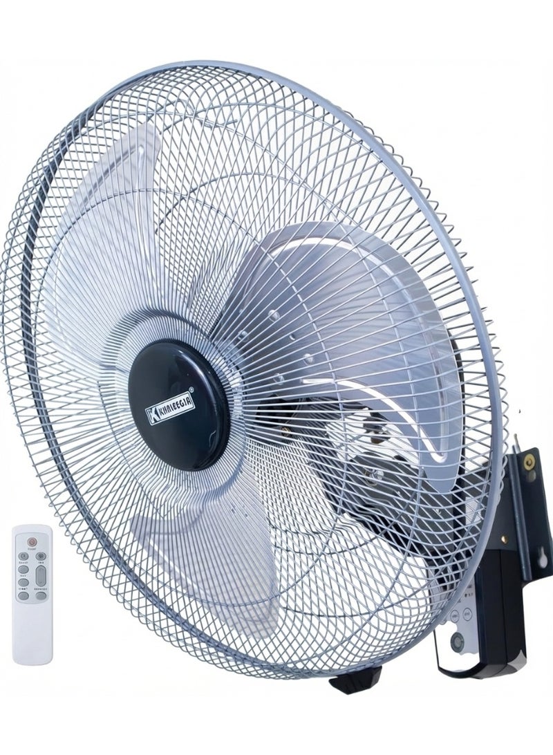 خليجية مروحة جدارية معدنية فضية مقاس 18 بوصة، 3 شفرات، 120 واط، ملفات نحاس نقي، مع جهاز تحكم عن بعد.