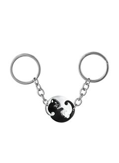 Black White Cat Keychain Couples Stainless Steel Round Black and White Cat Keychain Pair