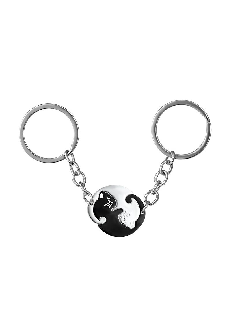 Generic - Black White Cat Keychain Couples Stainless Steel Round Black and White Cat Keychain Pair - Image 1