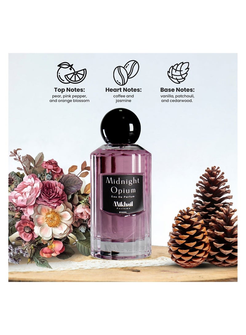 MIKHAIL Midnight Opium  by Mikhail | Luxurious Cedarwood Vanilla Perfume for Women | Seductive & Long-Lasting Eau de Parfum | Sweet & Spicy Fragrance with Pear, Pink Pepper, Orange Blossom, Coffee, Jasmine & Vanilla - Image 3