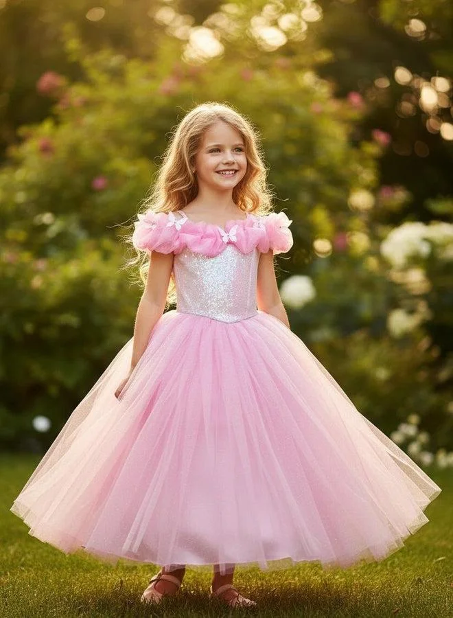 فيا بامبينو Pink Sequin Butterfly Tulle Gown