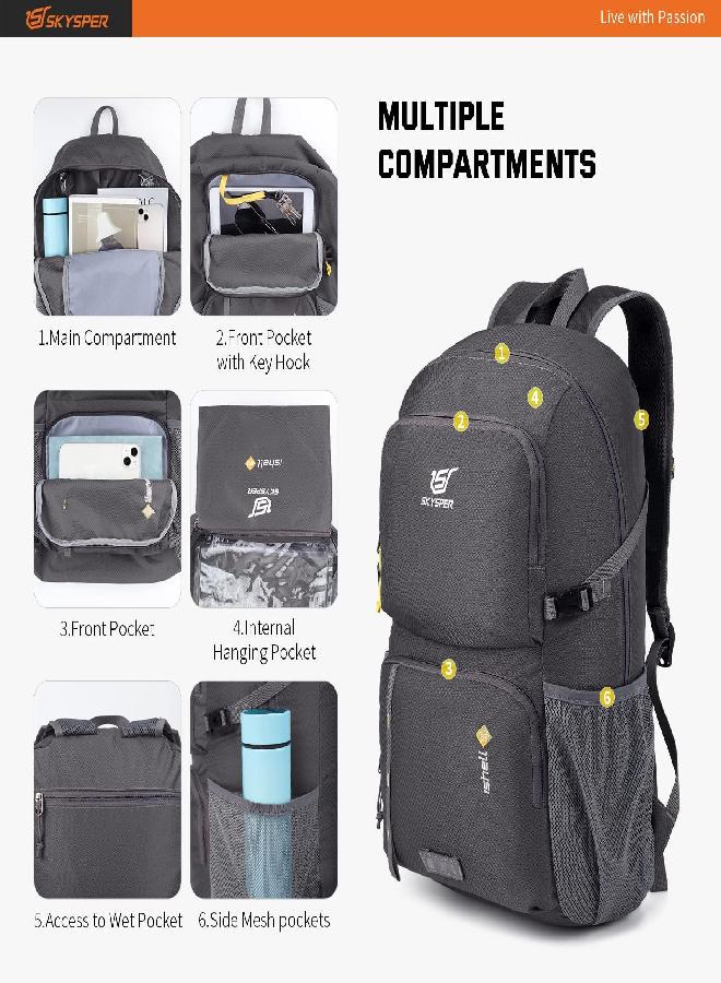 SKYSPER SKYSPER Lightweight Packable Backpack 30L Hiking Daypack with Wet Pocket Foldable Travel Carry-on Backpack Grey  - Image 2