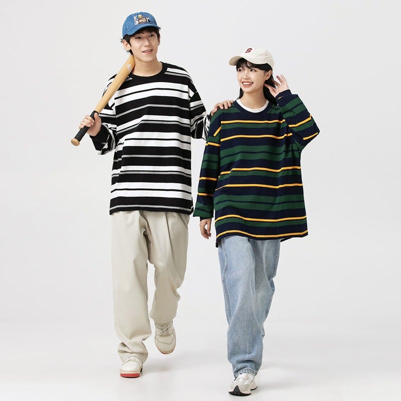 Men'S And Women'S Long-Sleeved T-Shirt Fashion Striped Two-Open Couples Hong Kong-Style Round Neck Cotton Sweater 2398 - Image 4