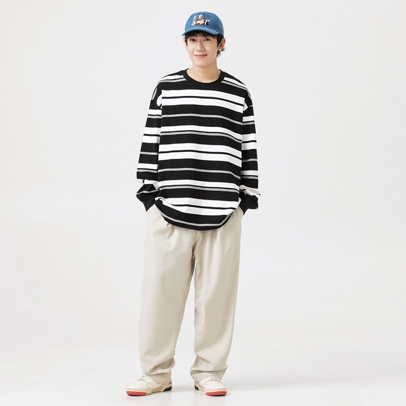 Men'S And Women'S Long-Sleeved T-Shirt Fashion Striped Two-Open Couples Hong Kong-Style Round Neck Cotton Sweater 2398 - Image 5