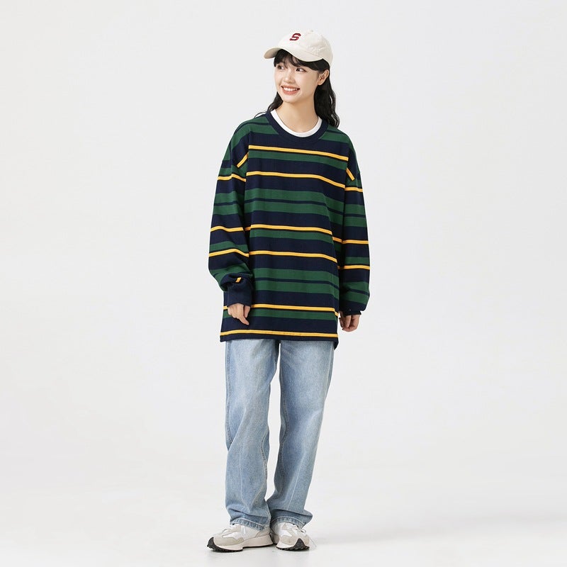 Men'S And Women'S Long-Sleeved T-Shirt Fashion Striped Two-Open Couples Hong Kong-Style Round Neck Cotton Sweater 2398 - Image 1