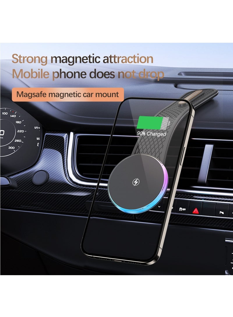 MagSafe 15W Car Mount Charger, 360% Adjustable Aluminum Alloy Arm, Relocatable Car Phone Holder, Magnetic Wireless Fast Charging, Cell Phone Holder for All Car Models, Black