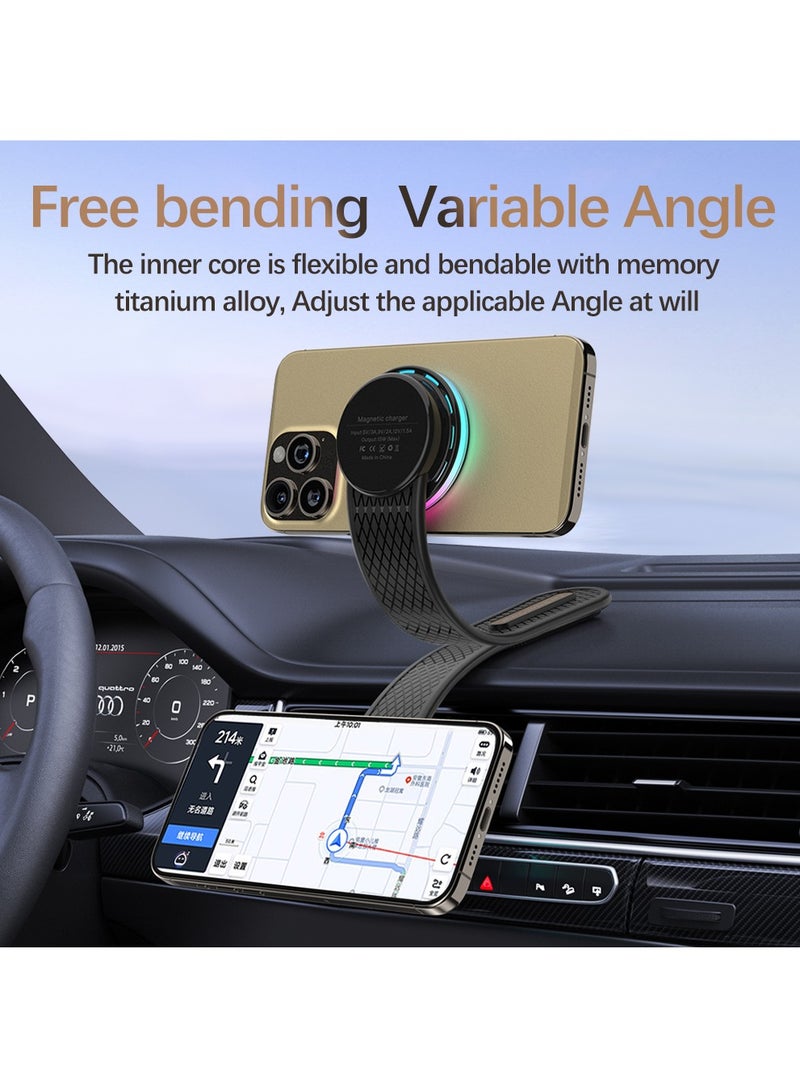 MagSafe 15W Car Mount Charger, 360% Adjustable Aluminum Alloy Arm, Relocatable Car Phone Holder, Magnetic Wireless Fast Charging, Cell Phone Holder for All Car Models, Black