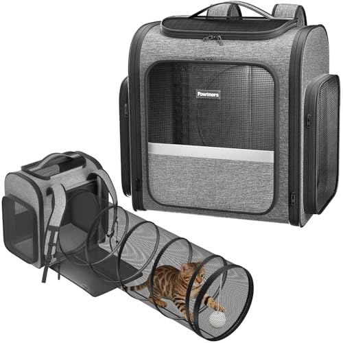 Pawtners Cat Backpack with Detachable Play Tunnel, 2 in 1 Cat Tunnel Backpack Suitable for Carrying & Playing, Expandable Dog Backpack for Small Medium Kitten Puppy, Suitable for Travel Hiking Camping - Image 1