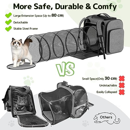 Pawtners Cat Backpack with Detachable Play Tunnel, 2 in 1 Cat Tunnel Backpack Suitable for Carrying & Playing, Expandable Dog Backpack for Small Medium Kitten Puppy, Suitable for Travel Hiking Camping - Image 3