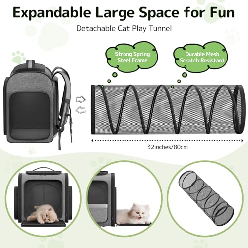 Pawtners Cat Backpack with Detachable Play Tunnel, 2 in 1 Cat Tunnel Backpack Suitable for Carrying & Playing, Expandable Dog Backpack for Small Medium Kitten Puppy, Suitable for Travel Hiking Camping - Image 2