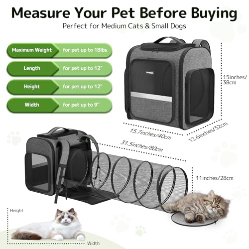 Pawtners Cat Backpack with Detachable Play Tunnel, 2 in 1 Cat Tunnel Backpack Suitable for Carrying & Playing, Expandable Dog Backpack for Small Medium Kitten Puppy, Suitable for Travel Hiking Camping - Image 4