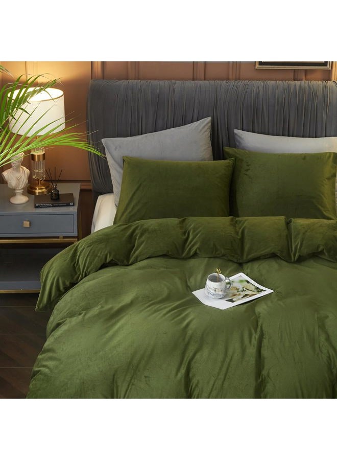 Ivellow Velvet Flannel Duvet Cover King Size Olive Green Comforter Cover Ultra Soft Breathable Cozy Velour Duvet Cover Solid Luxury Bedding Set Zipper Closure Corner Ties - Image 3