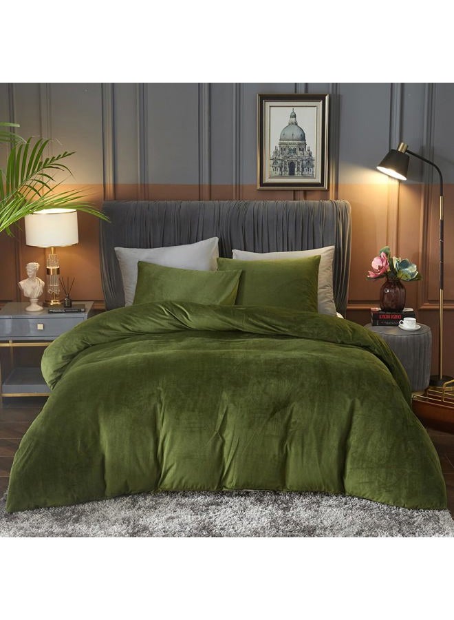 Ivellow Velvet Flannel Duvet Cover King Size Olive Green Comforter Cover Ultra Soft Breathable Cozy Velour Duvet Cover Solid Luxury Bedding Set Zipper Closure Corner Ties - Image 1