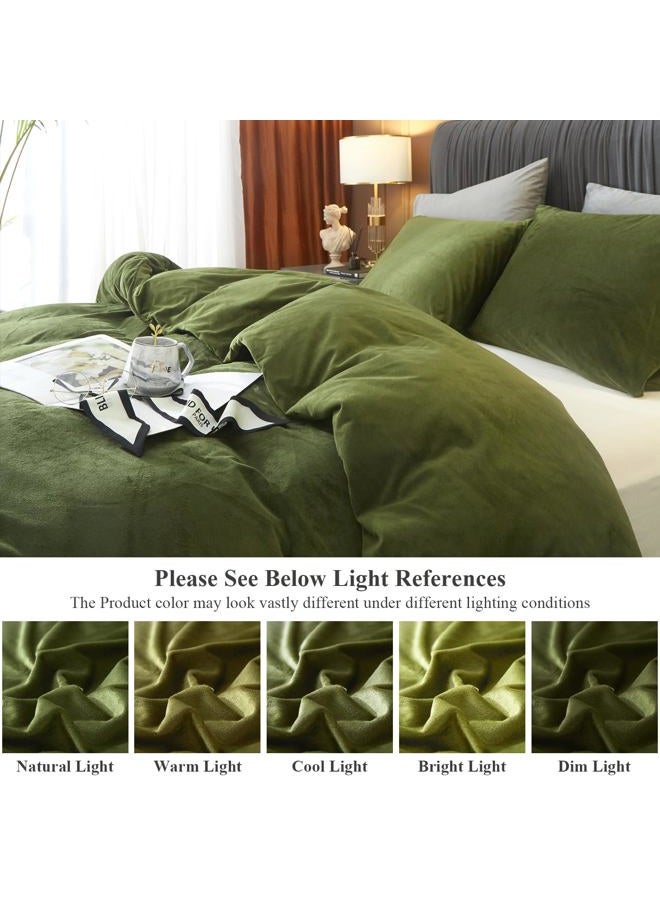 Ivellow Velvet Flannel Duvet Cover King Size Olive Green Comforter Cover Ultra Soft Breathable Cozy Velour Duvet Cover Solid Luxury Bedding Set Zipper Closure Corner Ties - Image 5
