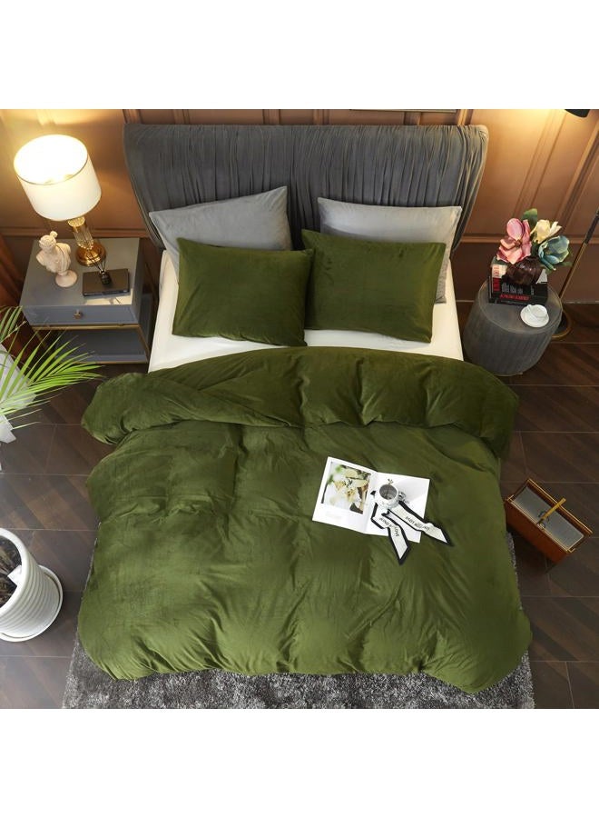 Ivellow Velvet Flannel Duvet Cover King Size Olive Green Comforter Cover Ultra Soft Breathable Cozy Velour Duvet Cover Solid Luxury Bedding Set Zipper Closure Corner Ties - Image 2